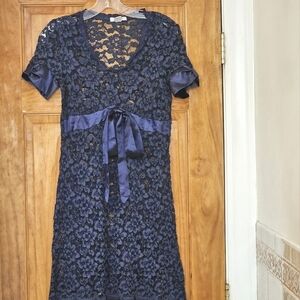 Lux Y2K Short-Sleeved Blue Lace Embroidery Sheer Swing A Women's Dress, Size S
